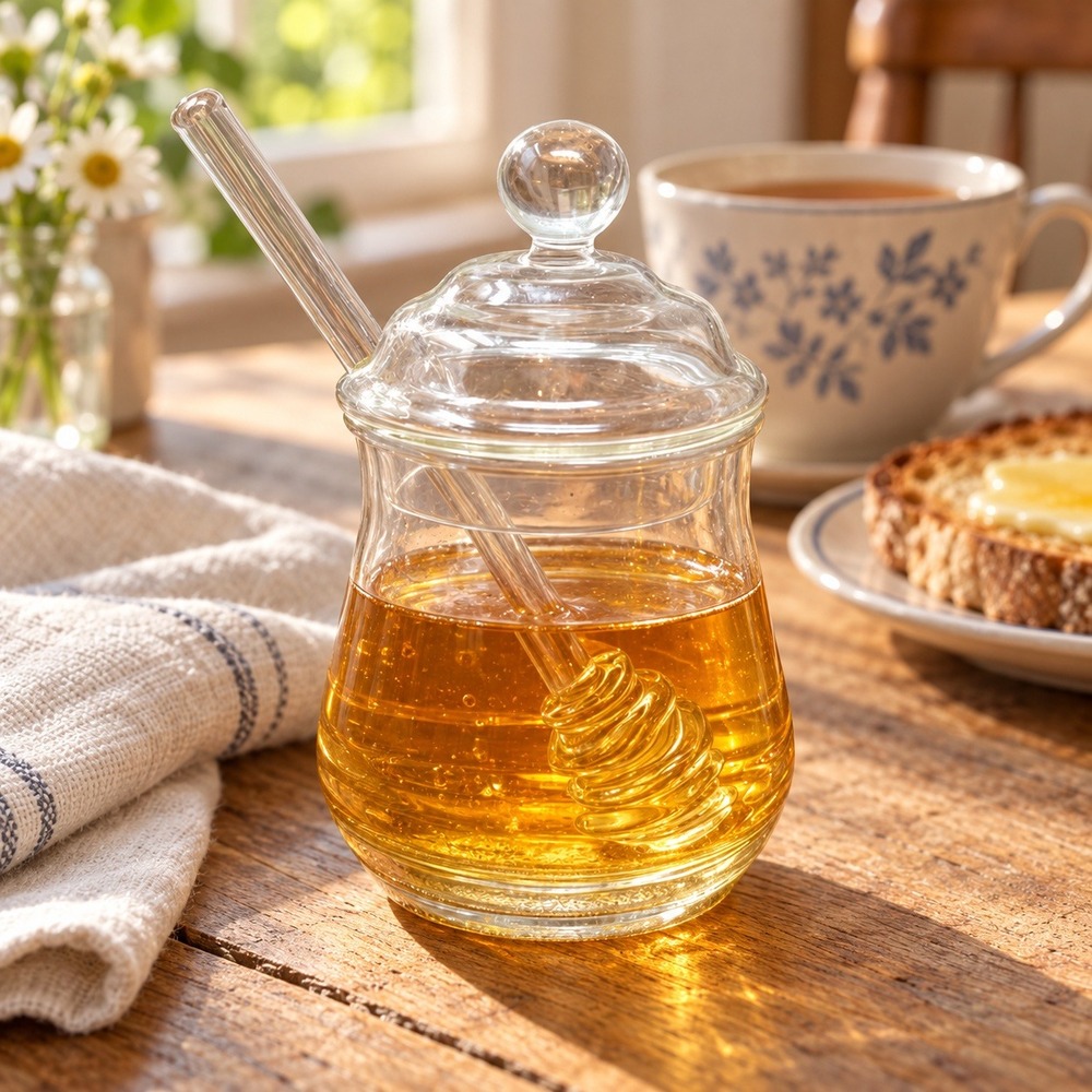 Honey Pot Clear Glass Beehive Ribbed Dipper Jar with Lid